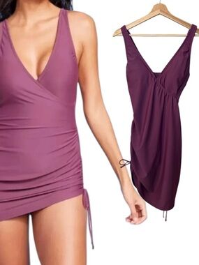 Kona Sol Purple One Piece Adjustable Length Side Ruching Swim Dress Size 8-10